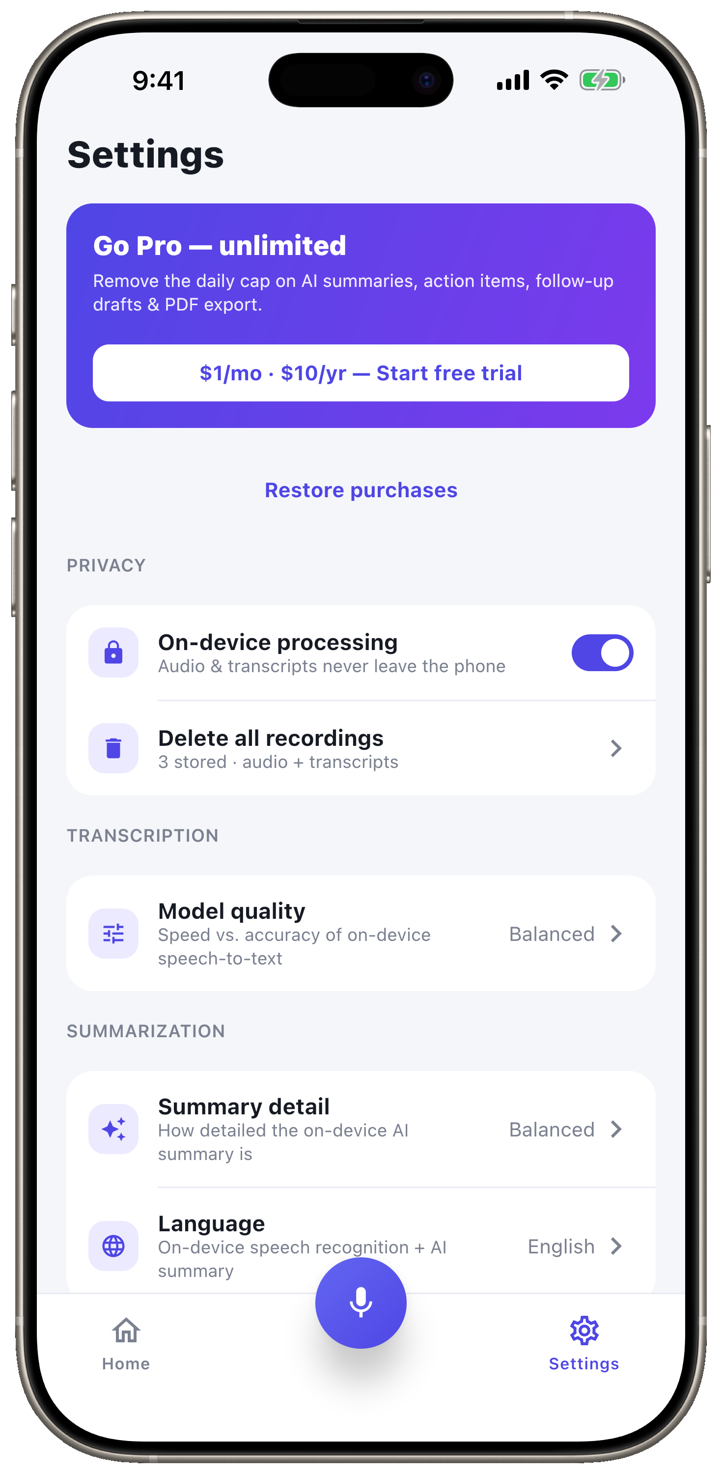 10 languages, 100% on-device.