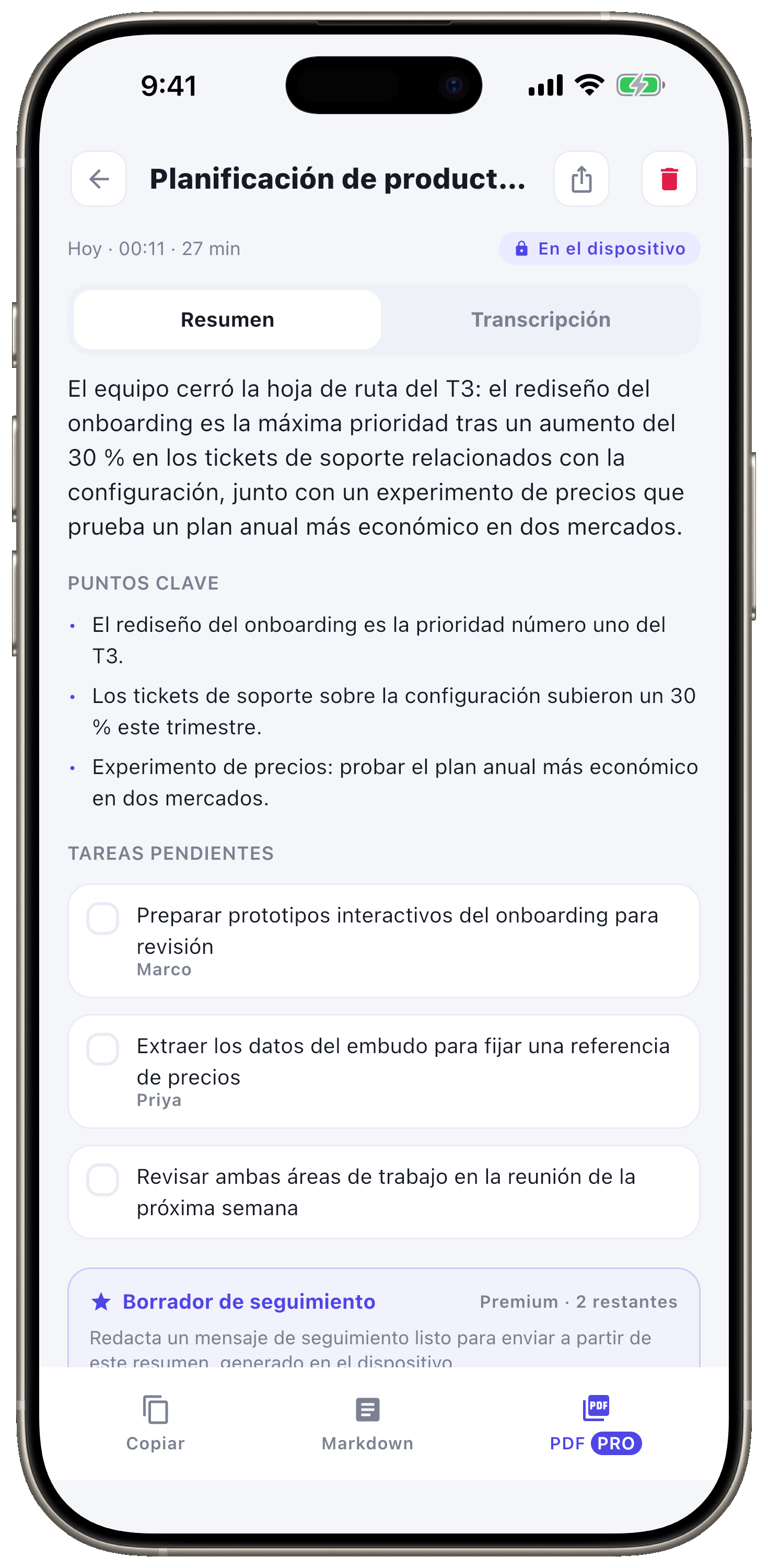 Resumen con IA, puntos clave y tareas.