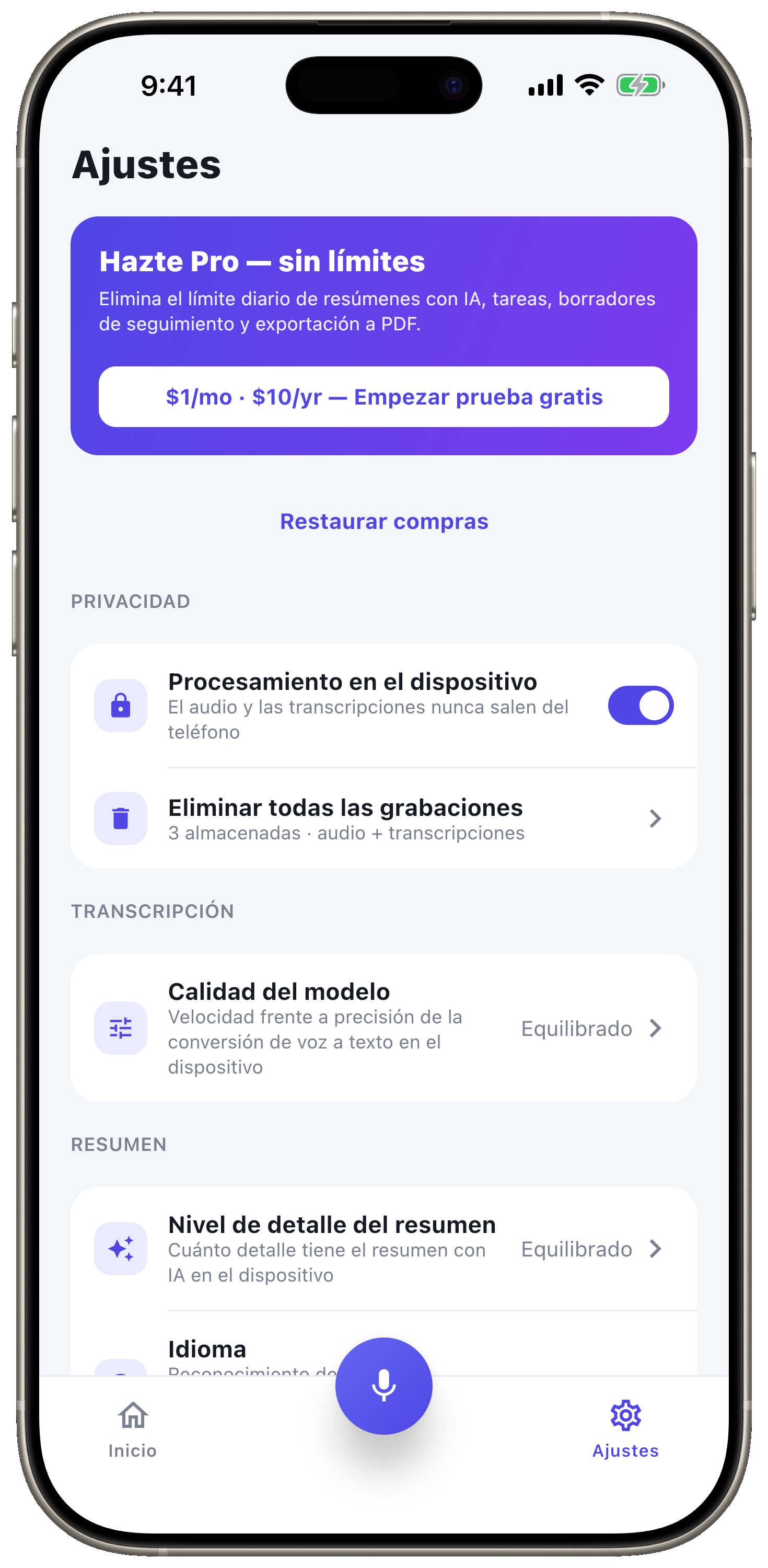 10 idiomas, 100% en el dispositivo.