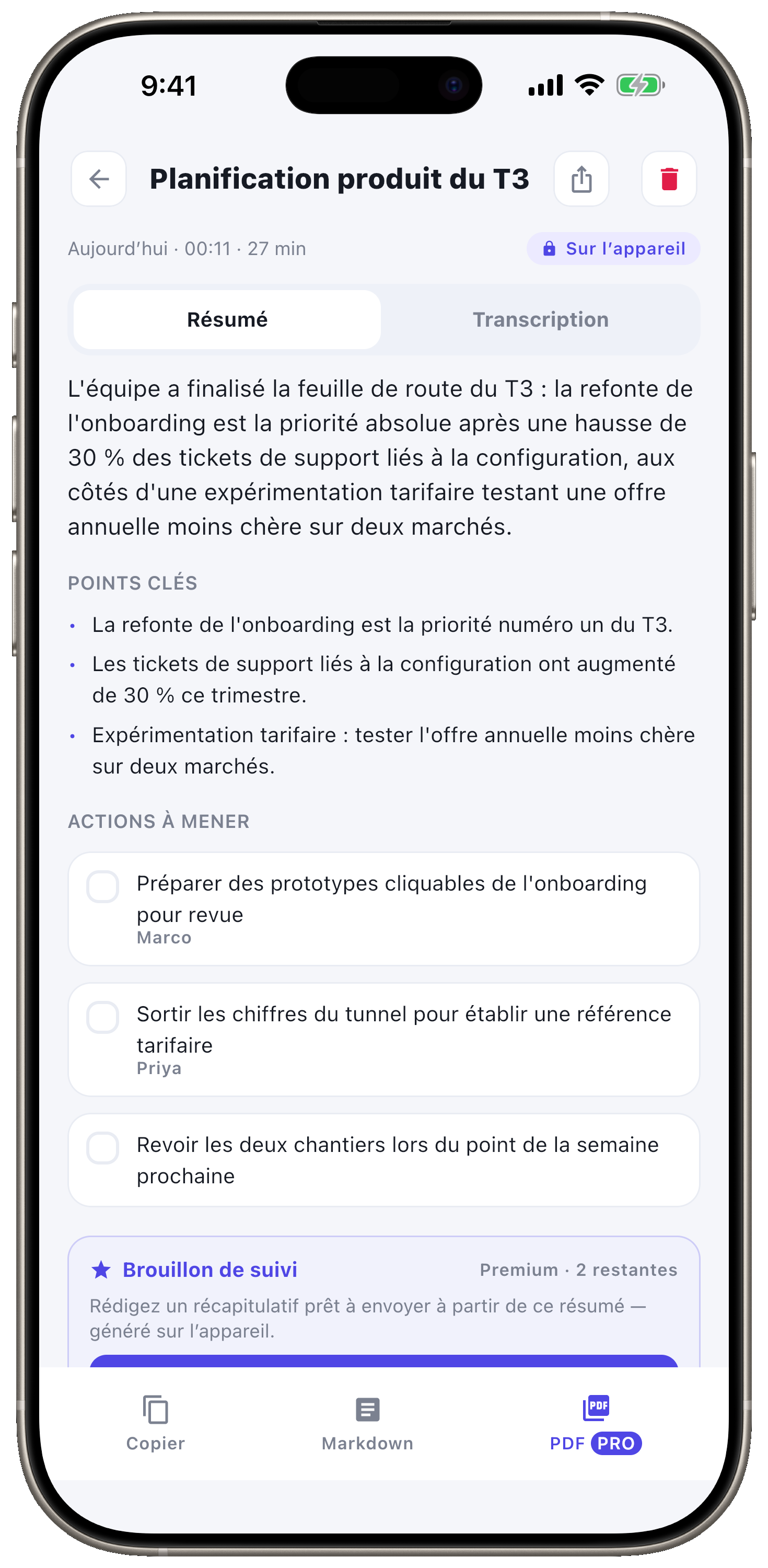 Résumé IA, points clés et actions.