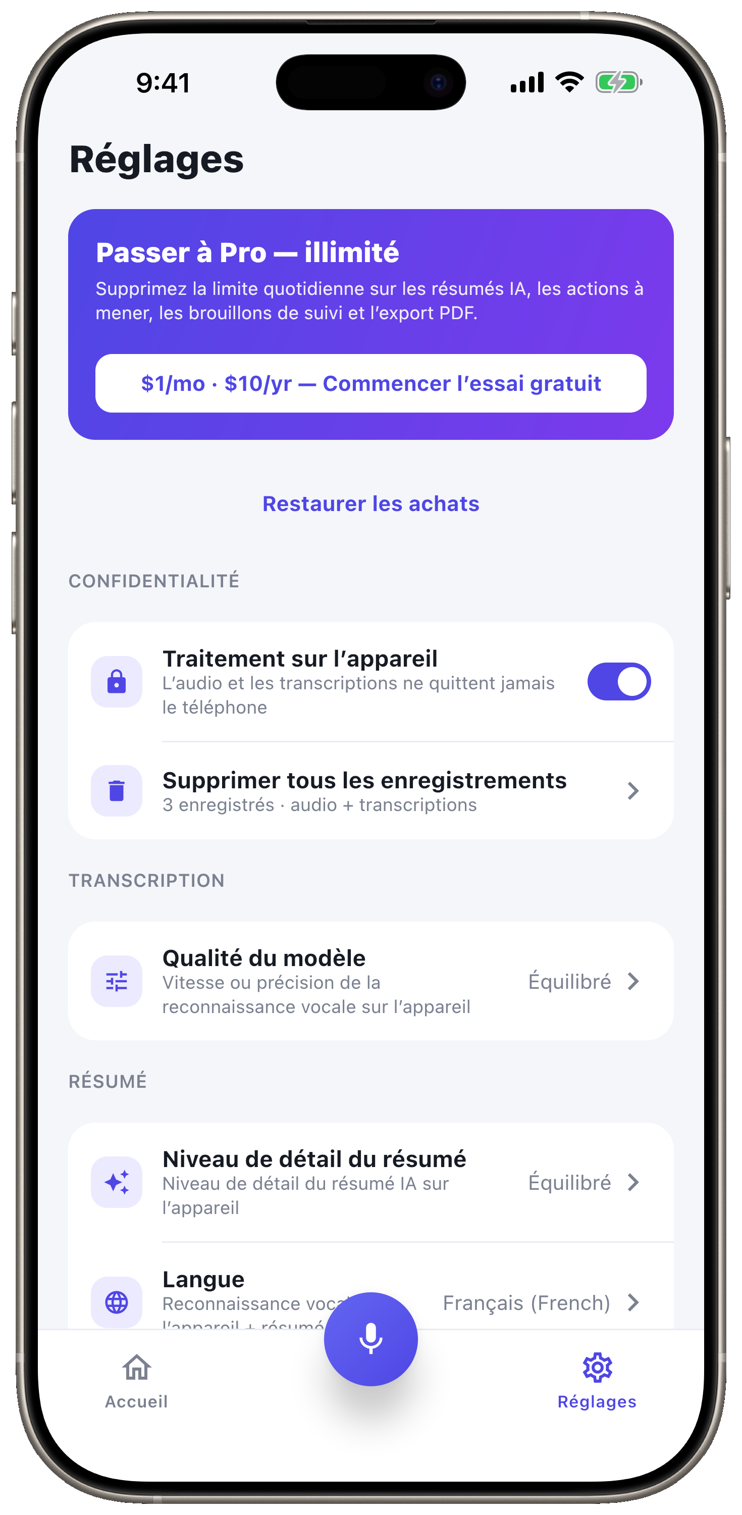 10 langues, 100% sur l'appareil.