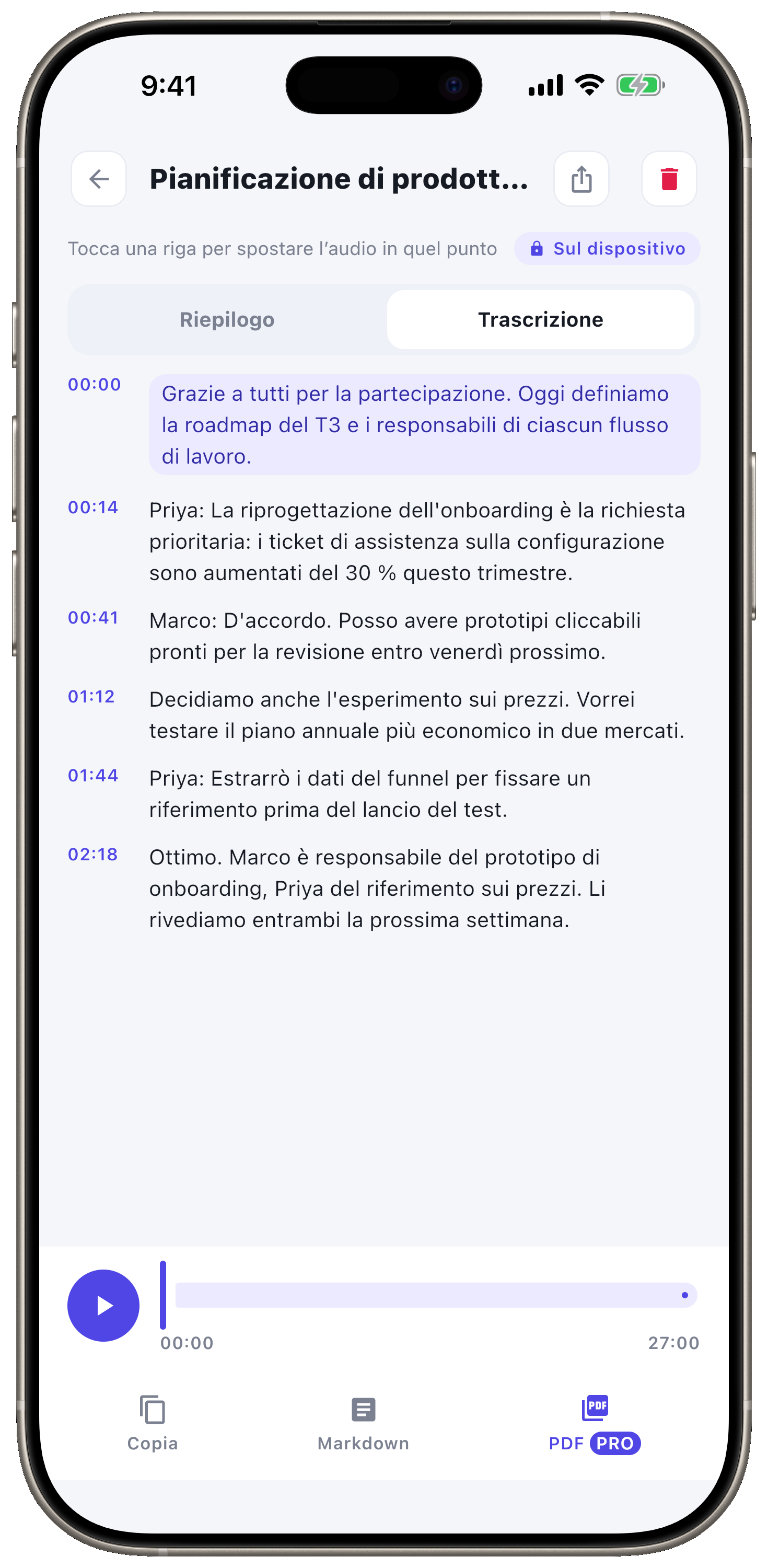 Una trascrizione completa con timestamp.