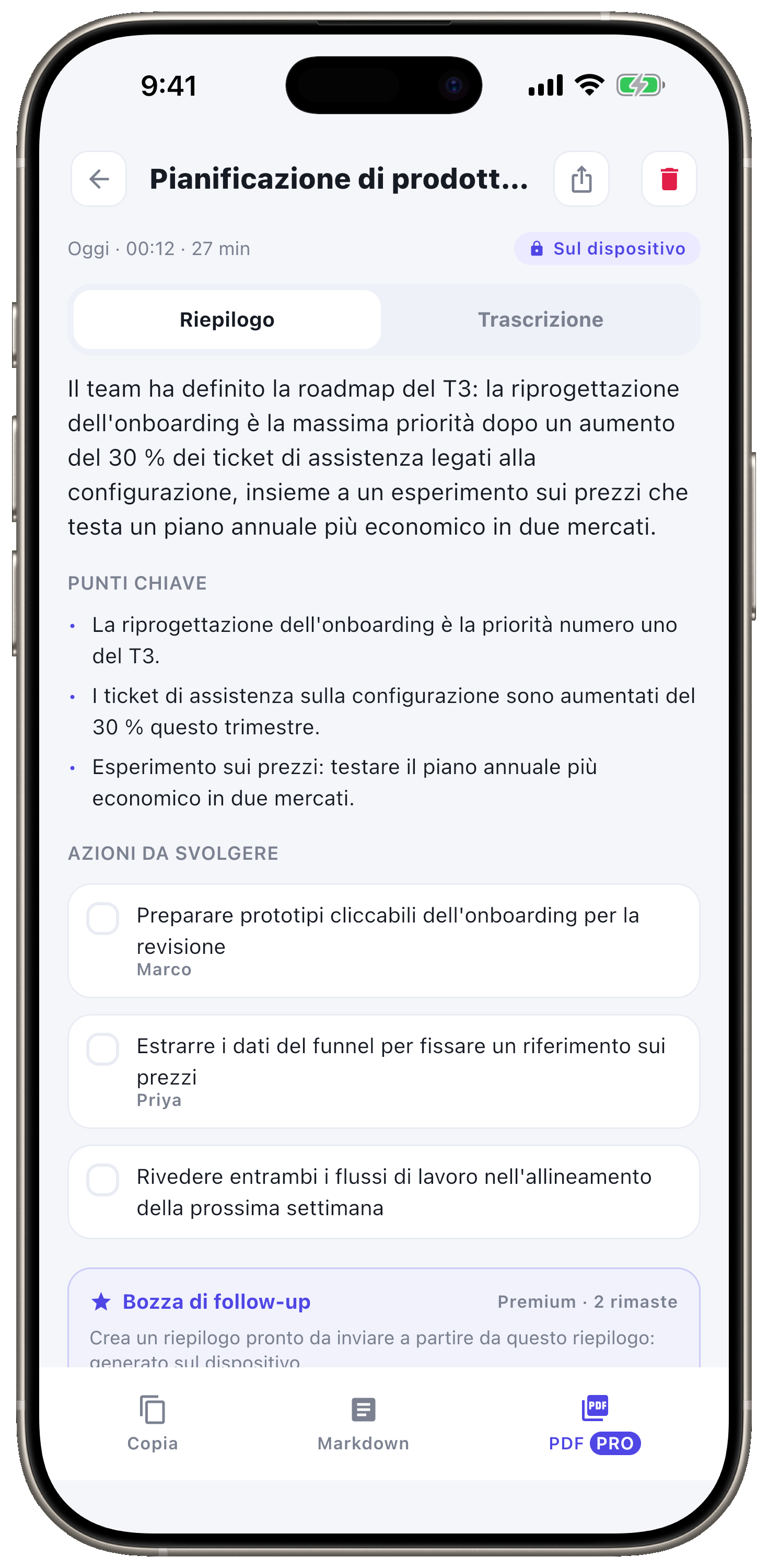 Riepilogo IA, punti chiave e azioni.
