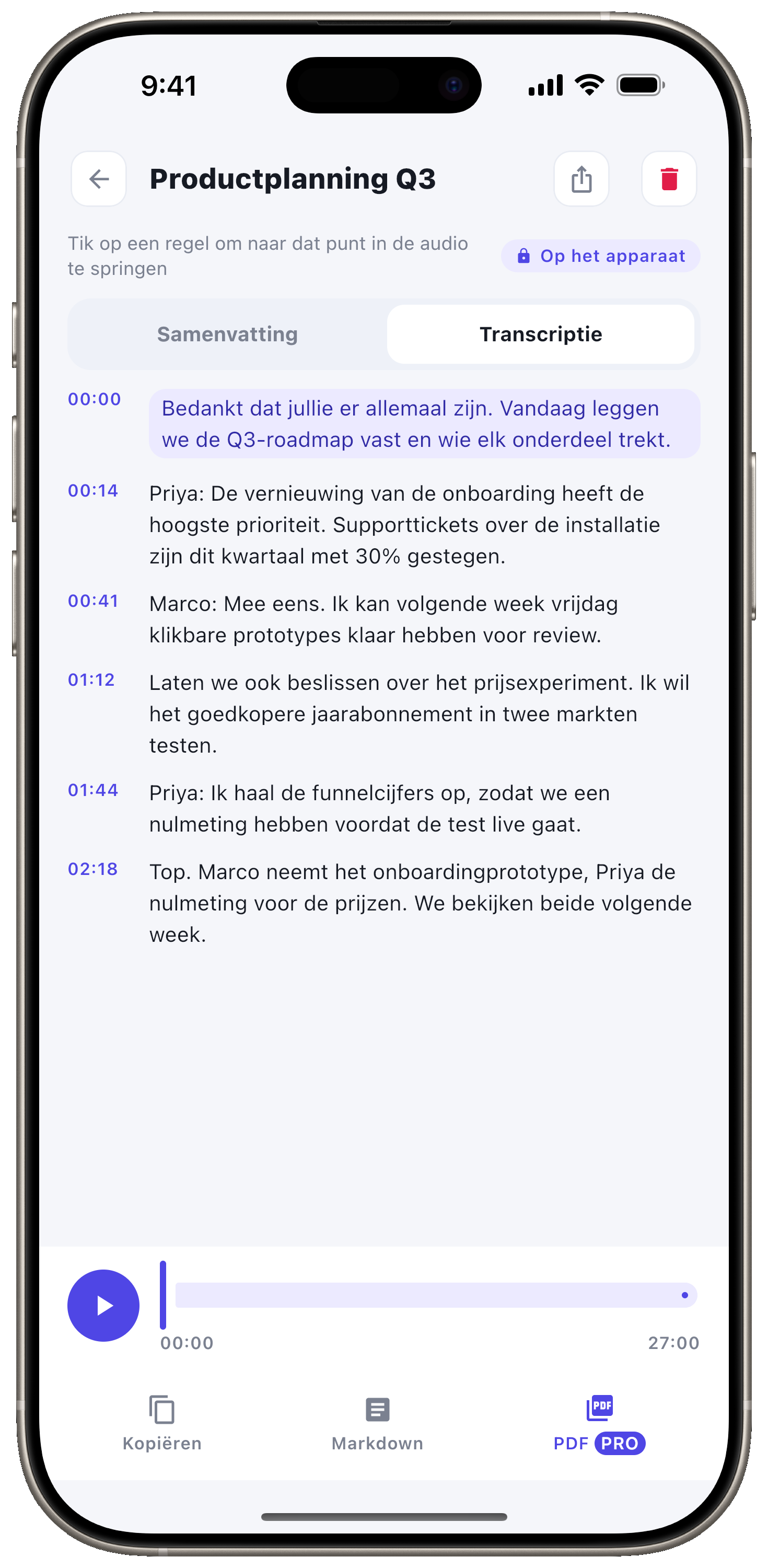 Een volledige transcriptie met tijdstempels.
