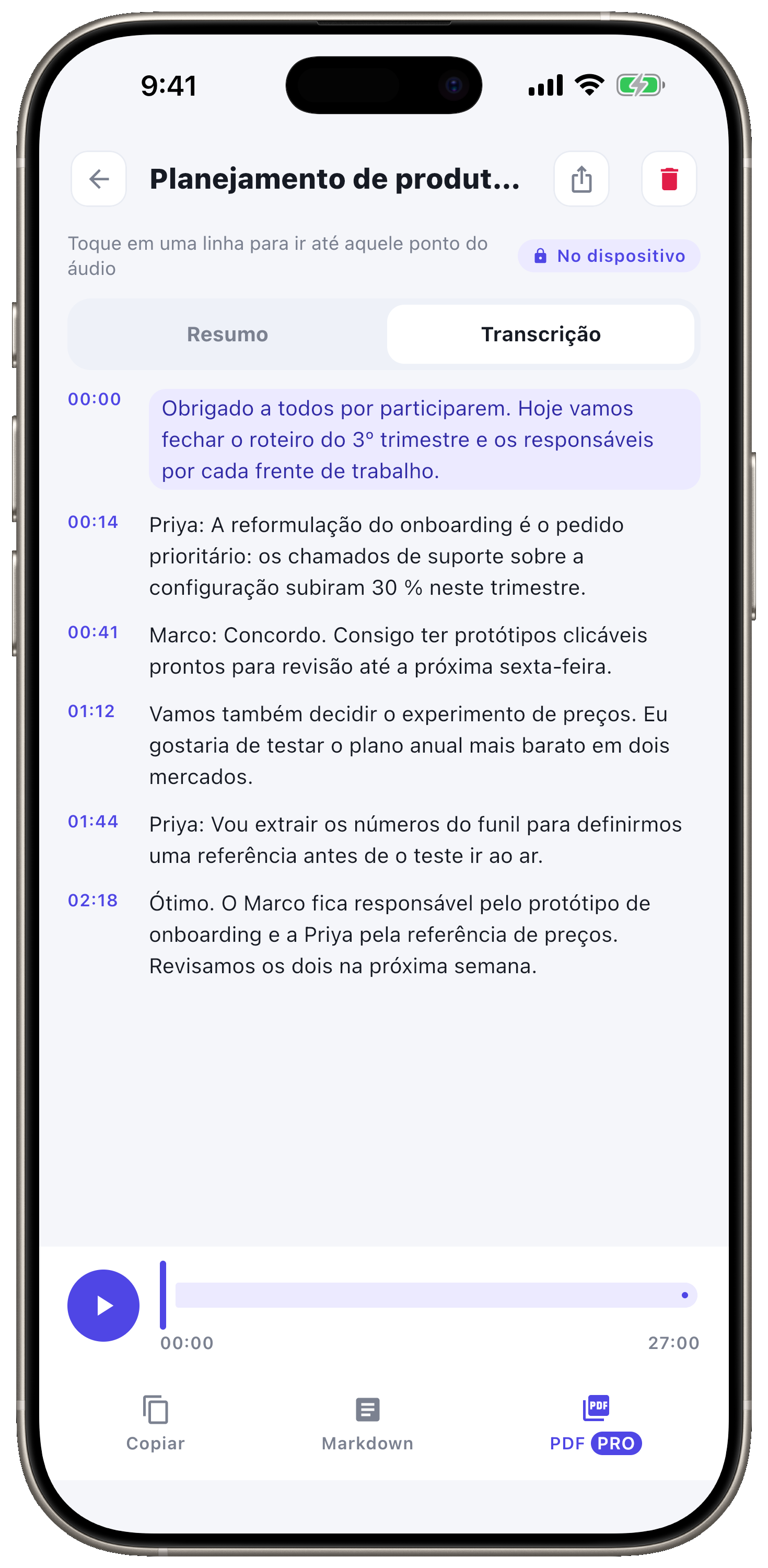 Transcrição completa com marcações de tempo.