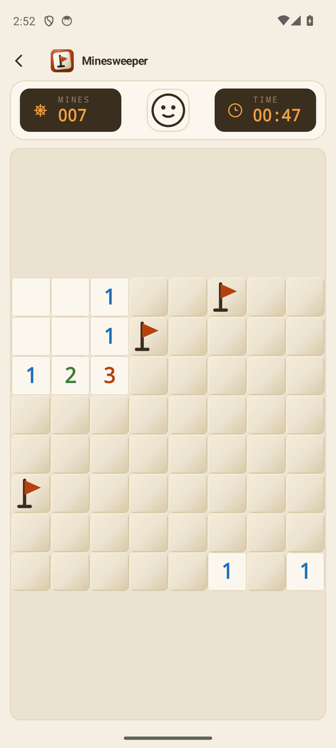 Minesweeper game mid-play — top bar with LED Mines and Time counters and a smiley restart button, above a board with planted flags and revealed numbers.