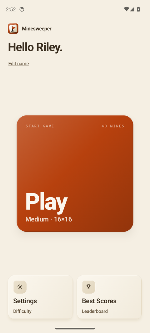 Minesweeper welcome screen — greeting, big burnt-sienna Play card, and Settings / Best Scores cards in the Sand theme.