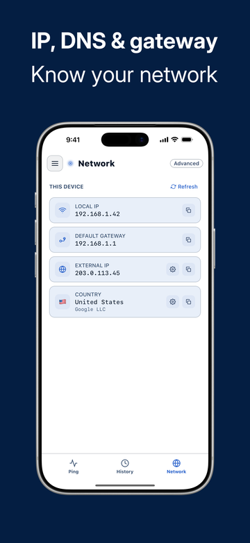 Network tab showing Wi-Fi IP, external IP, DNS, and country