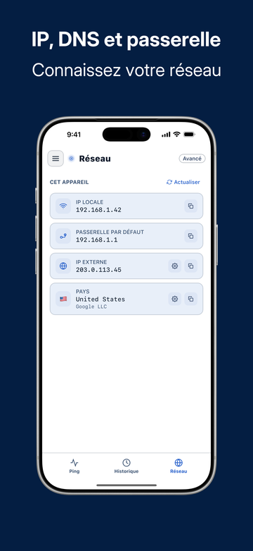 Network tab showing Wi-Fi IP, external IP, DNS, and country