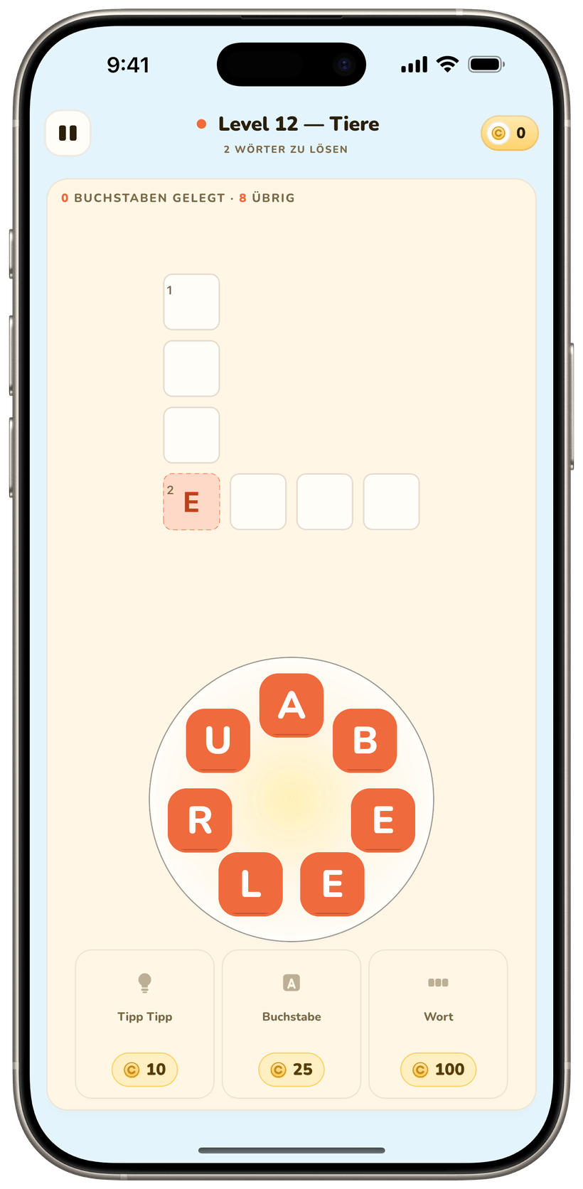 Spell & Collect Spielbildschirm: Ein Wort wird aus Buchstabenplättchen zusammengesetzt.