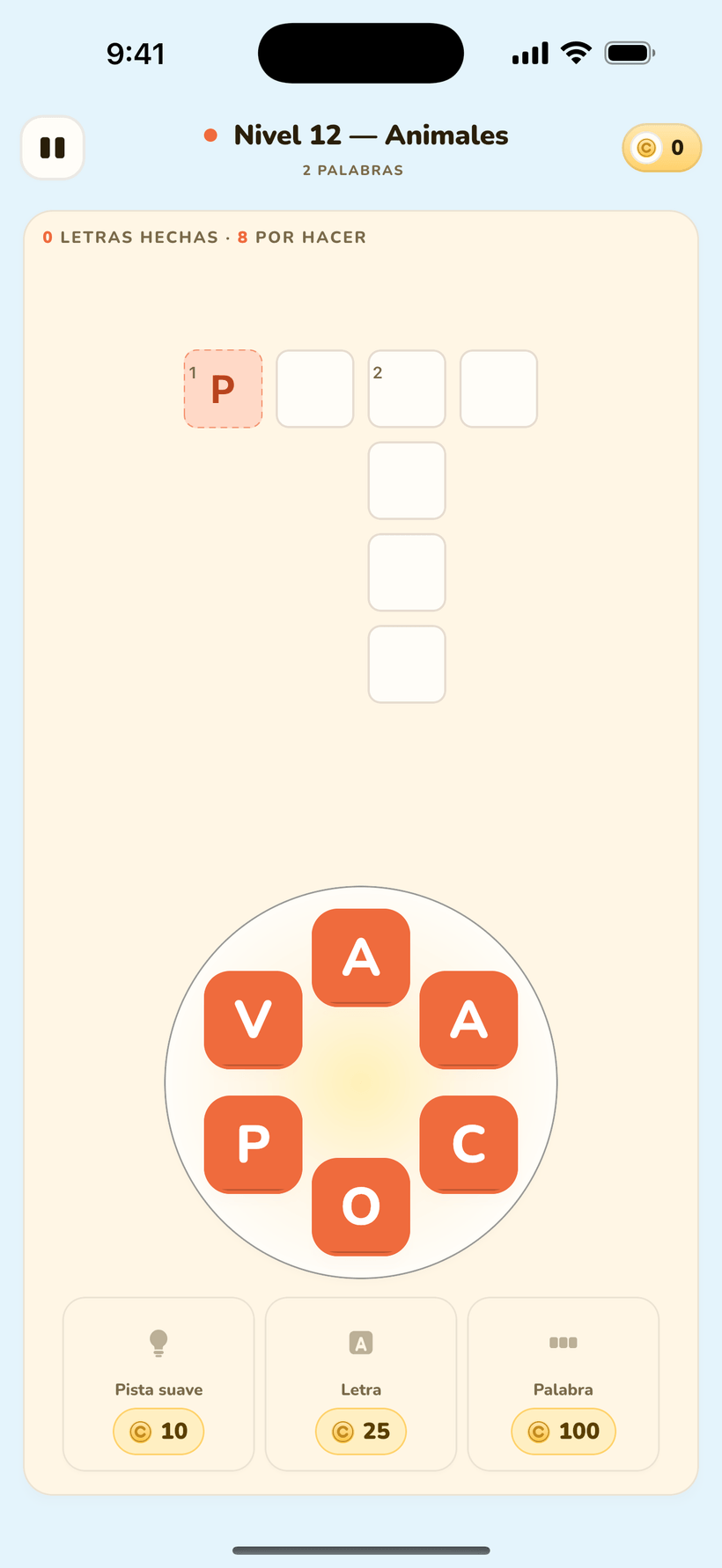 Pantalla de juego de Word Puzzle: una palabra se forma con fichas de letras.