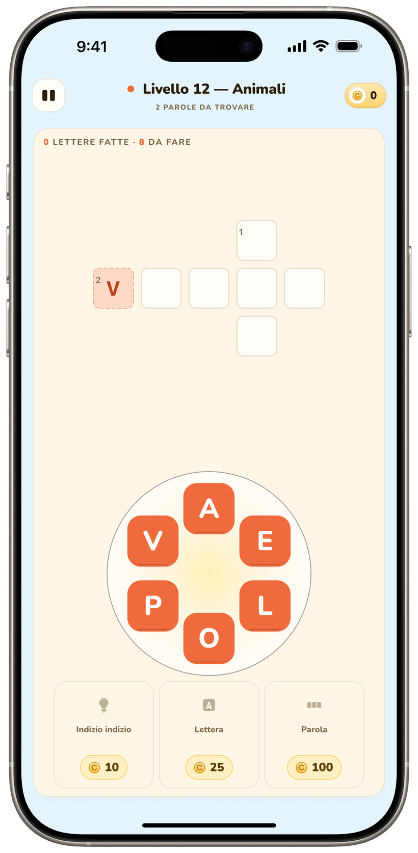 Schermata di gioco di Spell & Collect: una parola viene assemblata da tessere di lettere.
