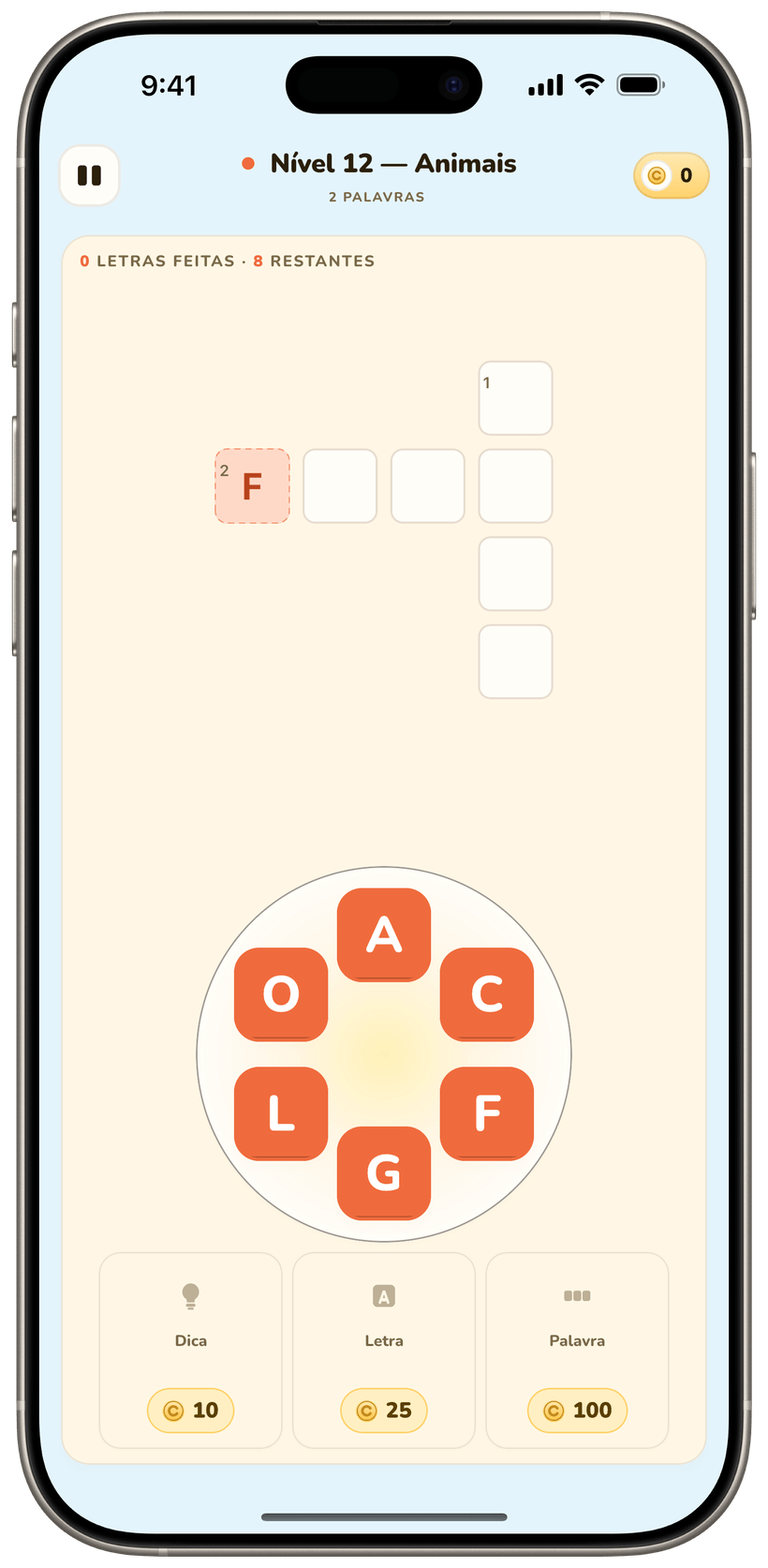 Tela de jogo Spell & Collect: uma palavra sendo montada com peças de letras.