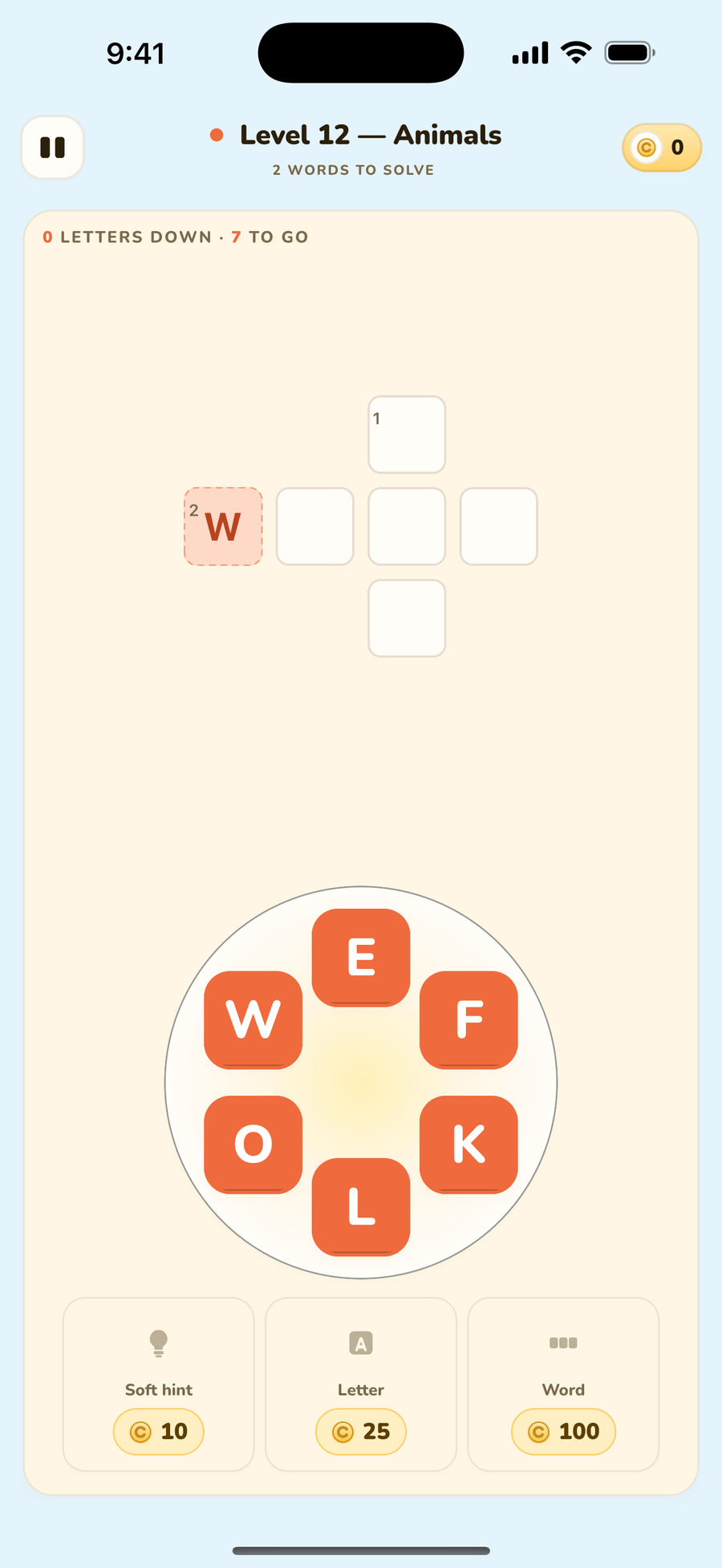 Assembling a word from letter tiles in a puzzle level.
