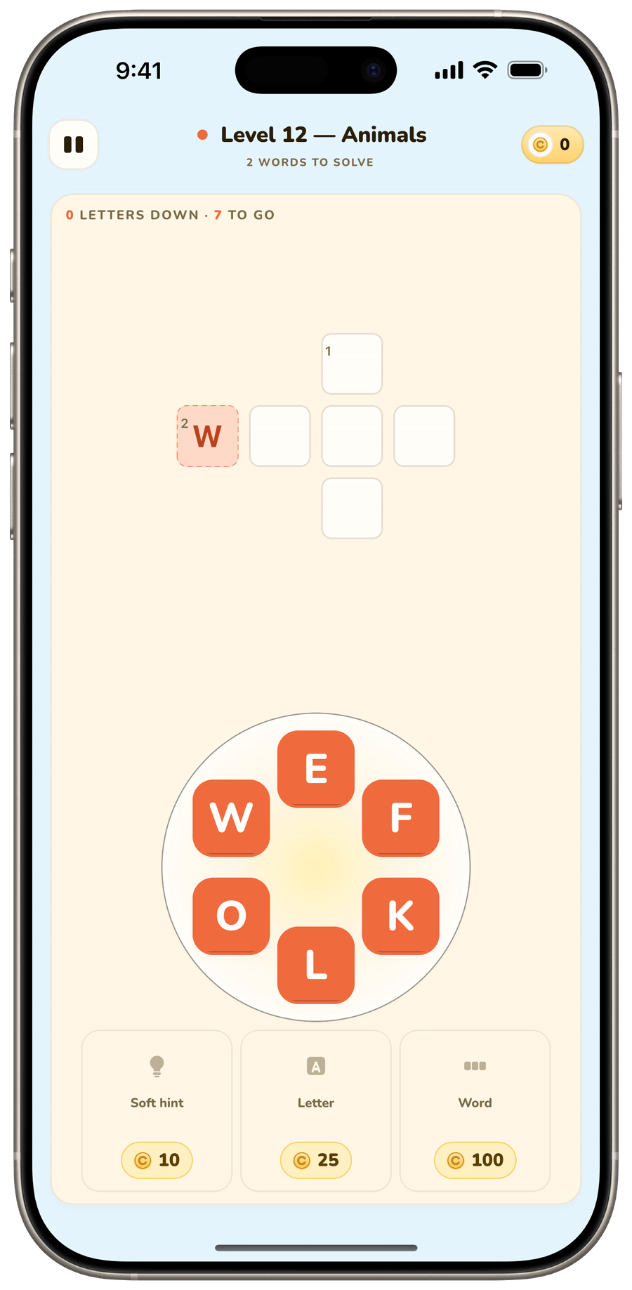 Assembling a word from letter tiles in a puzzle level.
