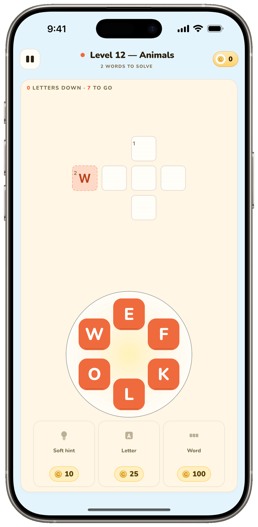 Assembling a word from letter tiles in a puzzle level.