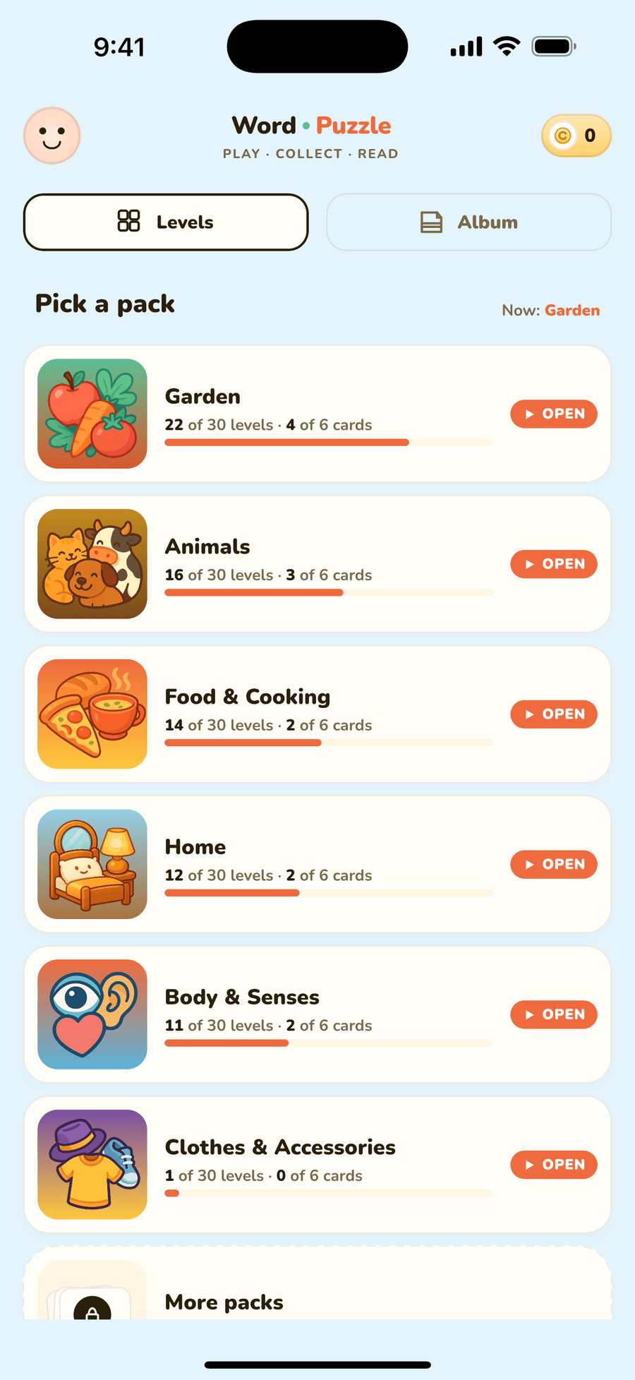 Choosing a puzzle pack from the home screen.