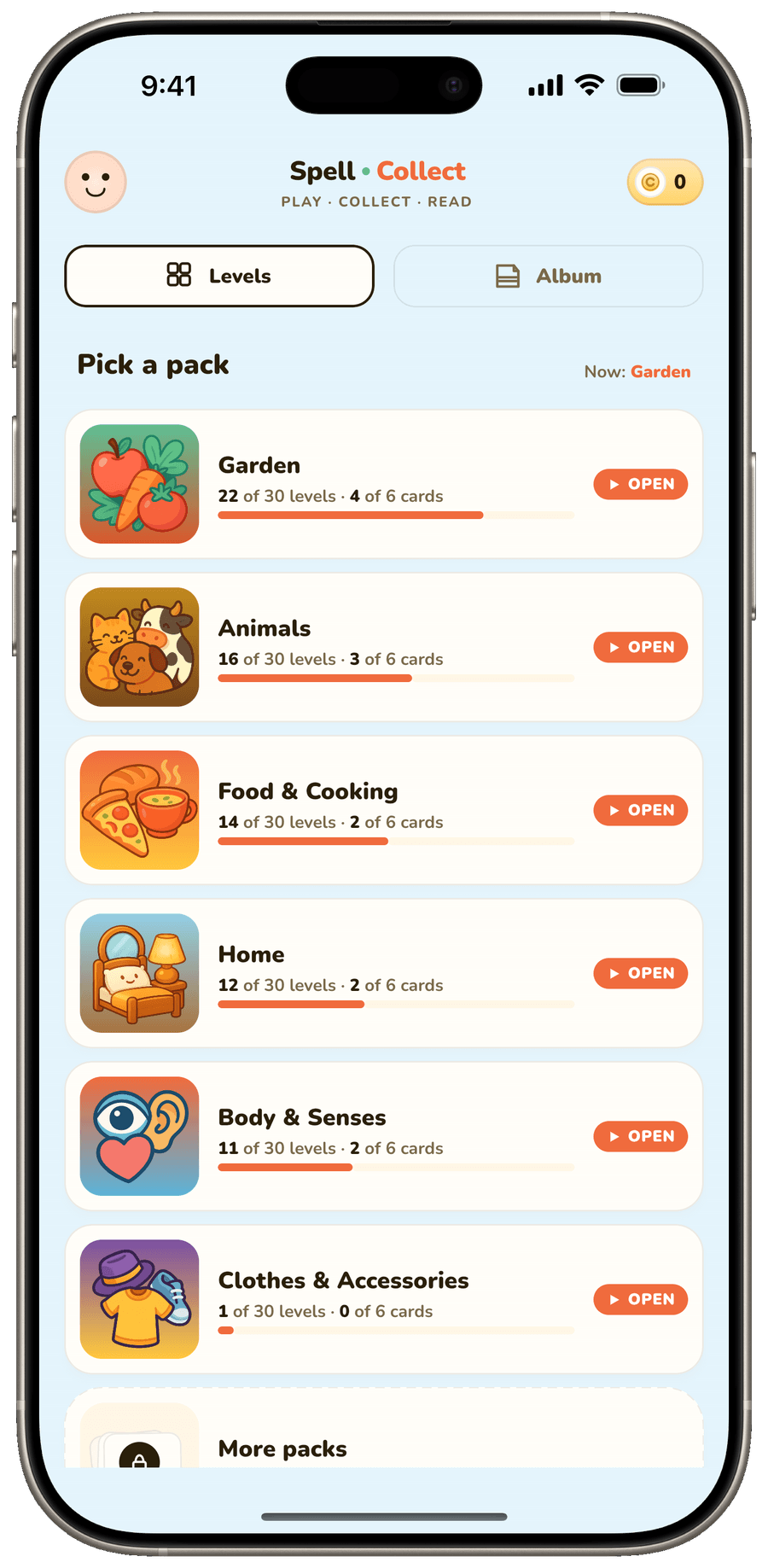 Choosing a puzzle pack from the home screen.