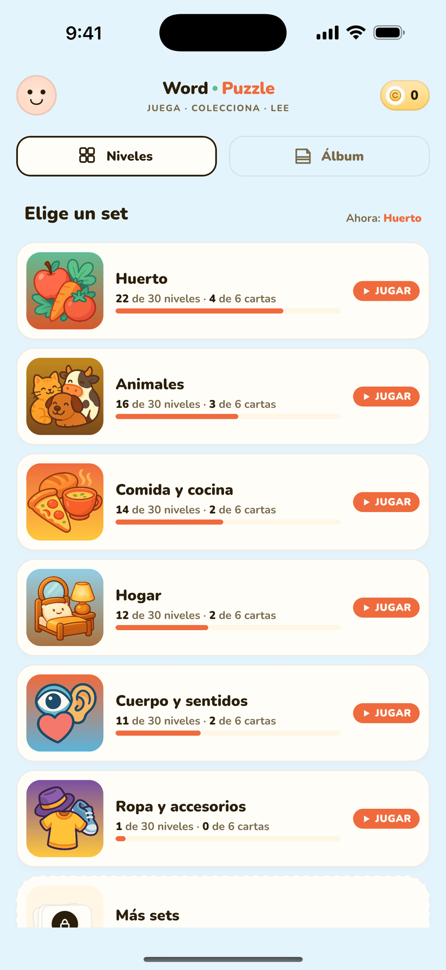 Eligiendo un paquete de puzles en la pantalla de inicio.
