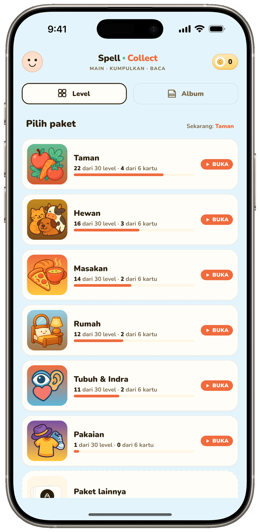 Memilih paket teka-teki dari layar beranda.