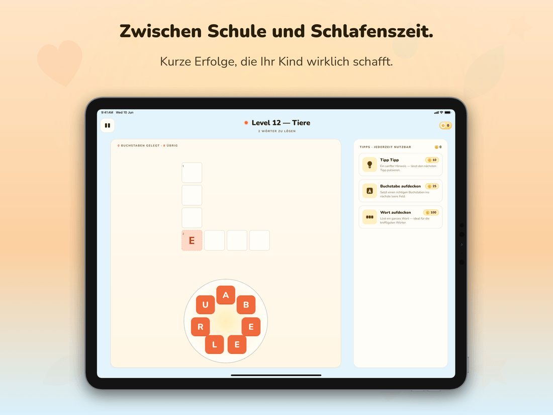 Das zweispaltige Spiellayout auf einem Tablet im Querformat.