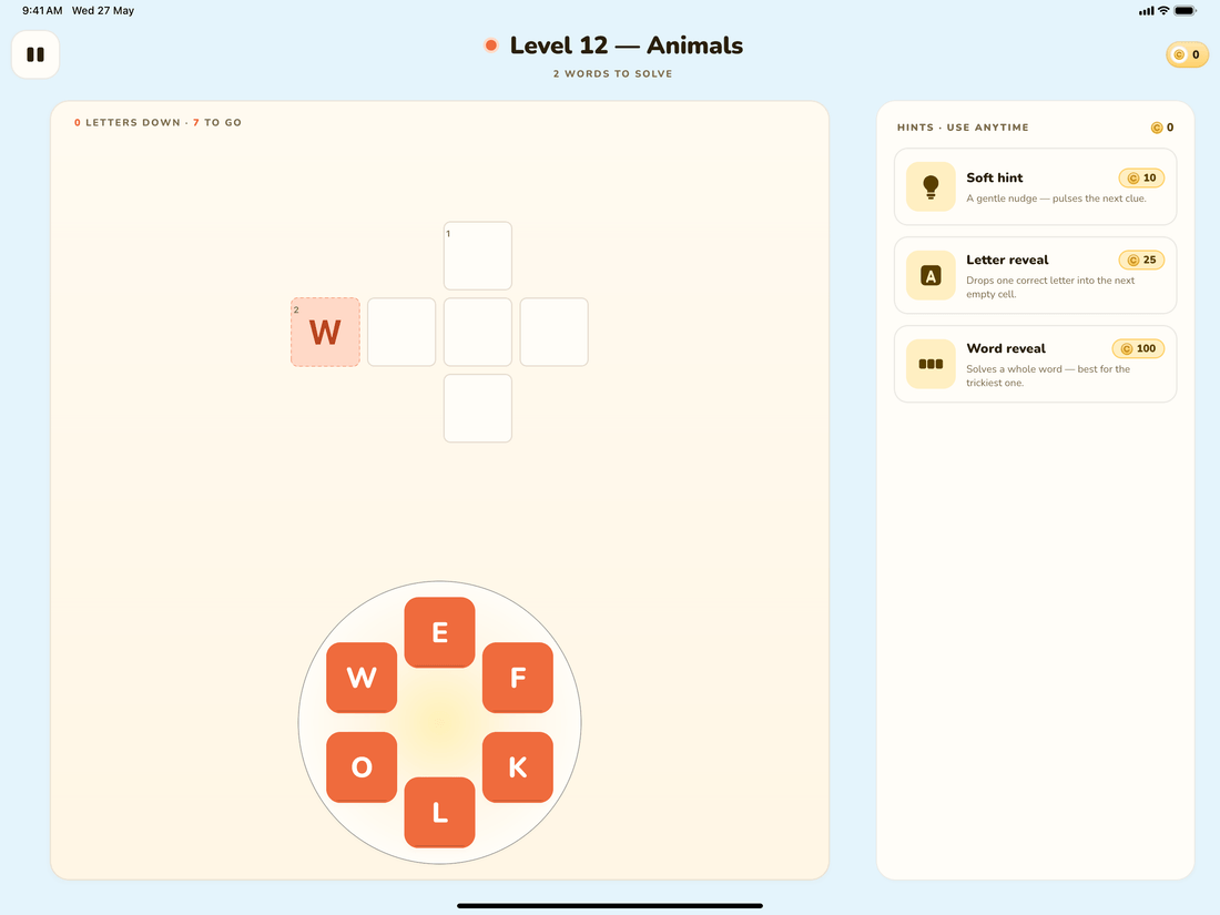 The two-column gameplay layout on a tablet in landscape.