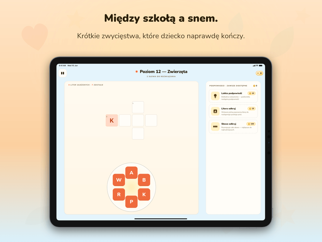 Dwukolumnowy układ rozgrywki na tablecie w orientacji poziomej.